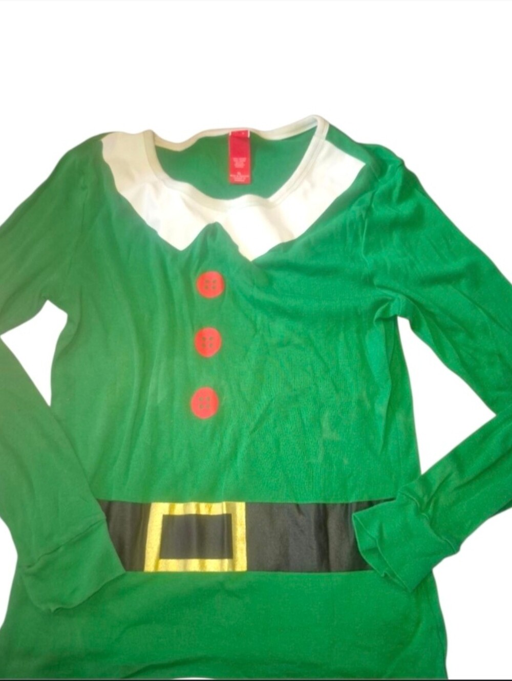 Green Elf Costume Top with Red Buttons and Gold Belt